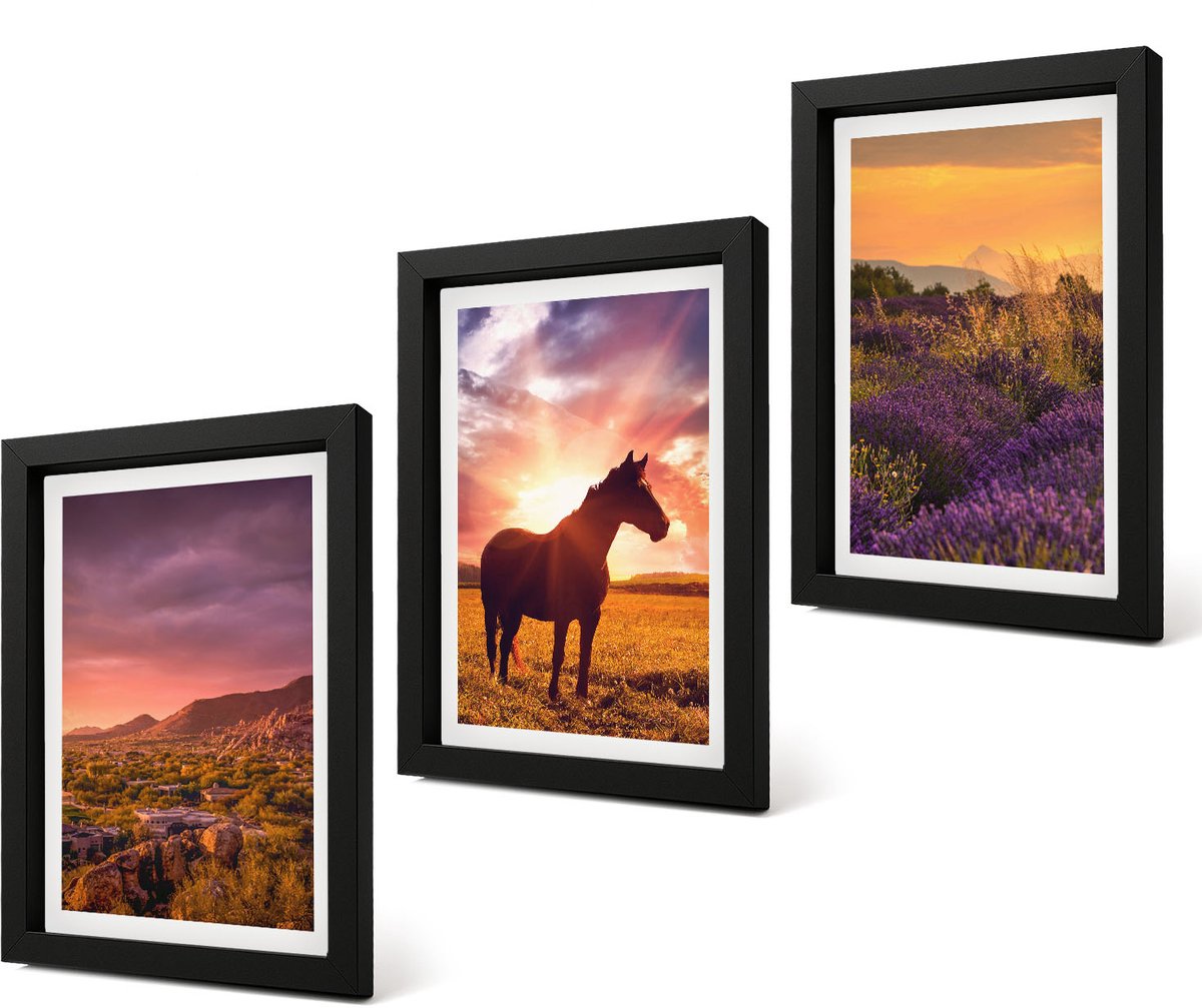 Coloray 4-Delige Schilderij Set - Berglandschappen met paarden en lavendelvelden - 20 x 30 cm - Wanddecoratie - Moderne Interieurdecoratie - Interieur Decoratie