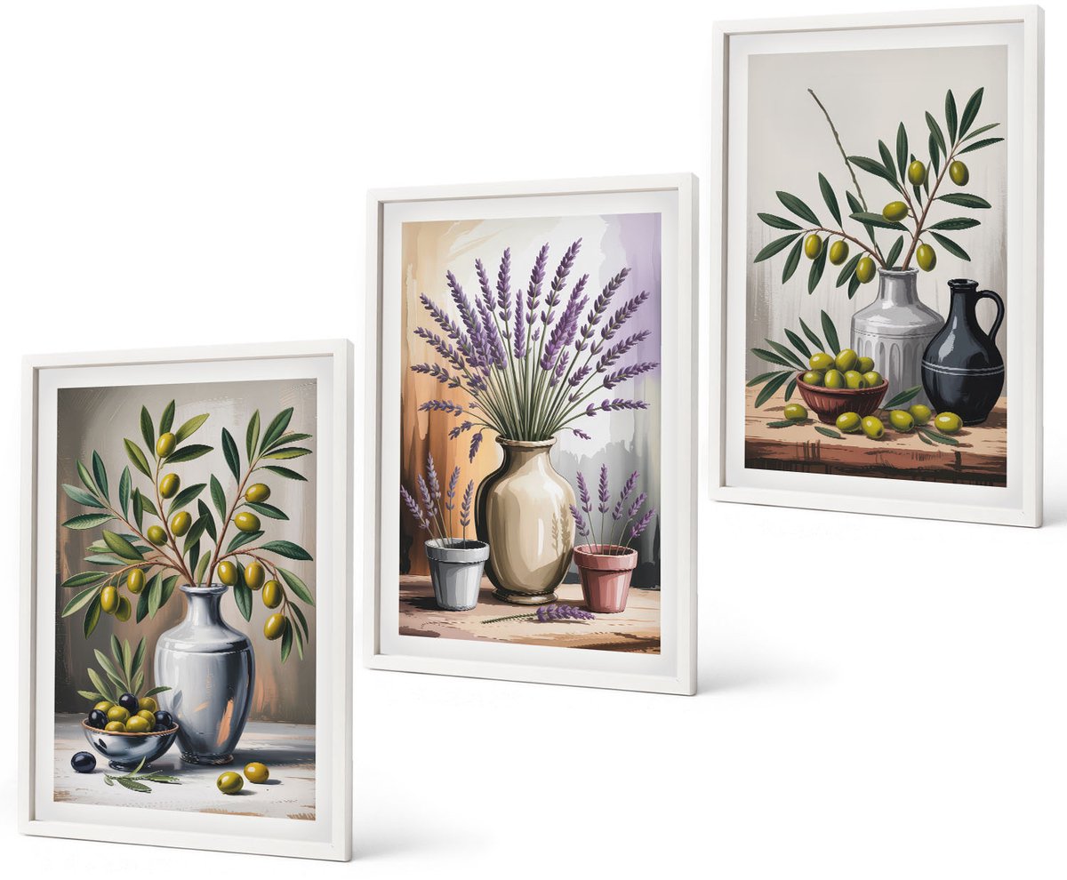 Coloray 3-Delige Schilderij Set - Bloemen En Olijven In Vazen ​​Op Een Lichte Achtergrond - 40 x 60 - Decoratieve Schilderijen - Woonkamer - Interieur - Woonkamer Decoratie