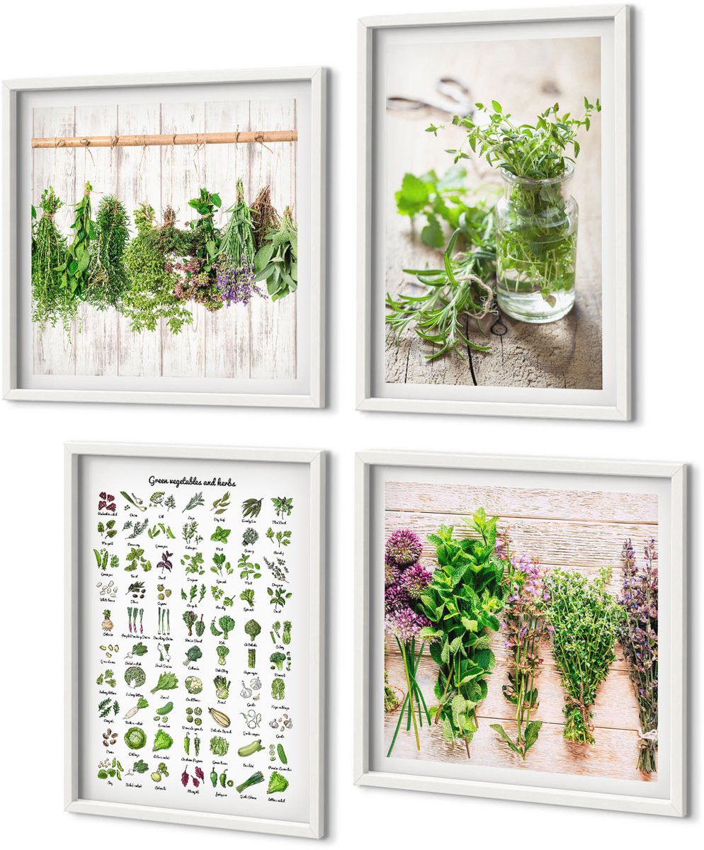 Coloray 4-Delige Schilderij Set - Lijst Met Gedroogde Keukenkruiden - 40 x 40 En 40 x 60 - Muurdecoratie - Wanddecoratie - Slaapkamer - Stijlvolle Muurdecoratie