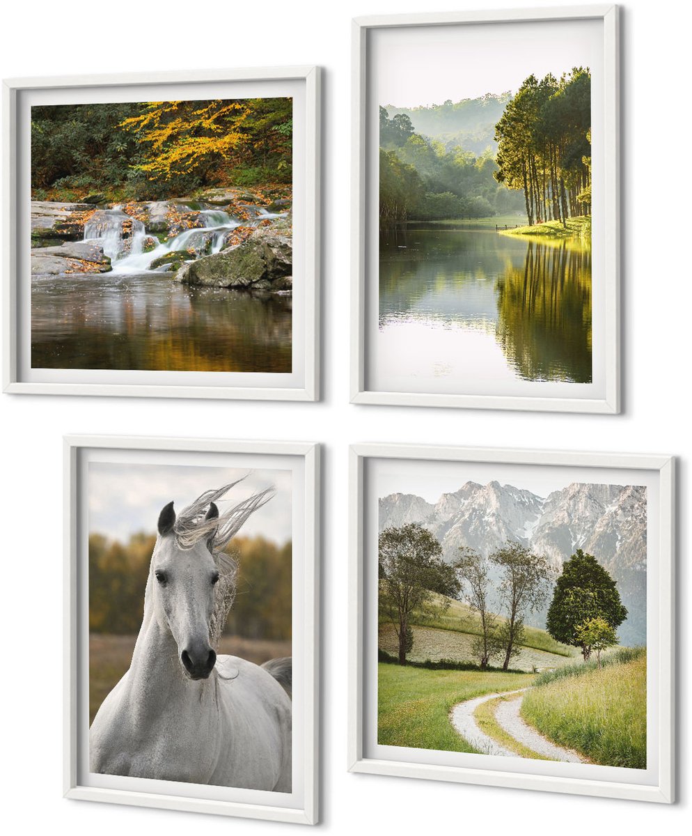 Coloray 4-Delige Schilderij Set - Witte Paarden Aan De Rivier - Natuurlandschap - 40 x 40 En 40 x 60 - Schilderijen Set - Wanddecoratie - Woonkamer - Moderne Wanddecoratie