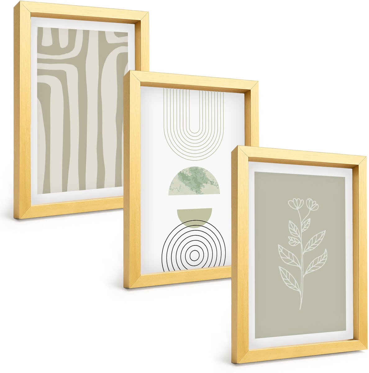 TULUP 4-Delige Schilderij Set - Geometrische patronen met plantenaccenten in groene tinten. - 20 x 30 cm - Wanddecoratie - Woonkamer Decoratie - Decoratieve Schilderijen Gouden lijst