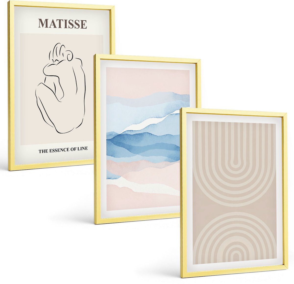TULUP 4-Delige Schilderij Set - Lijnen en golven in pasteltinten met een minimalistisch accent. - 40 x 60 cm - Moderne Wanddecoratie - Slaapkamer - Interieur Decoratie Gouden lijst