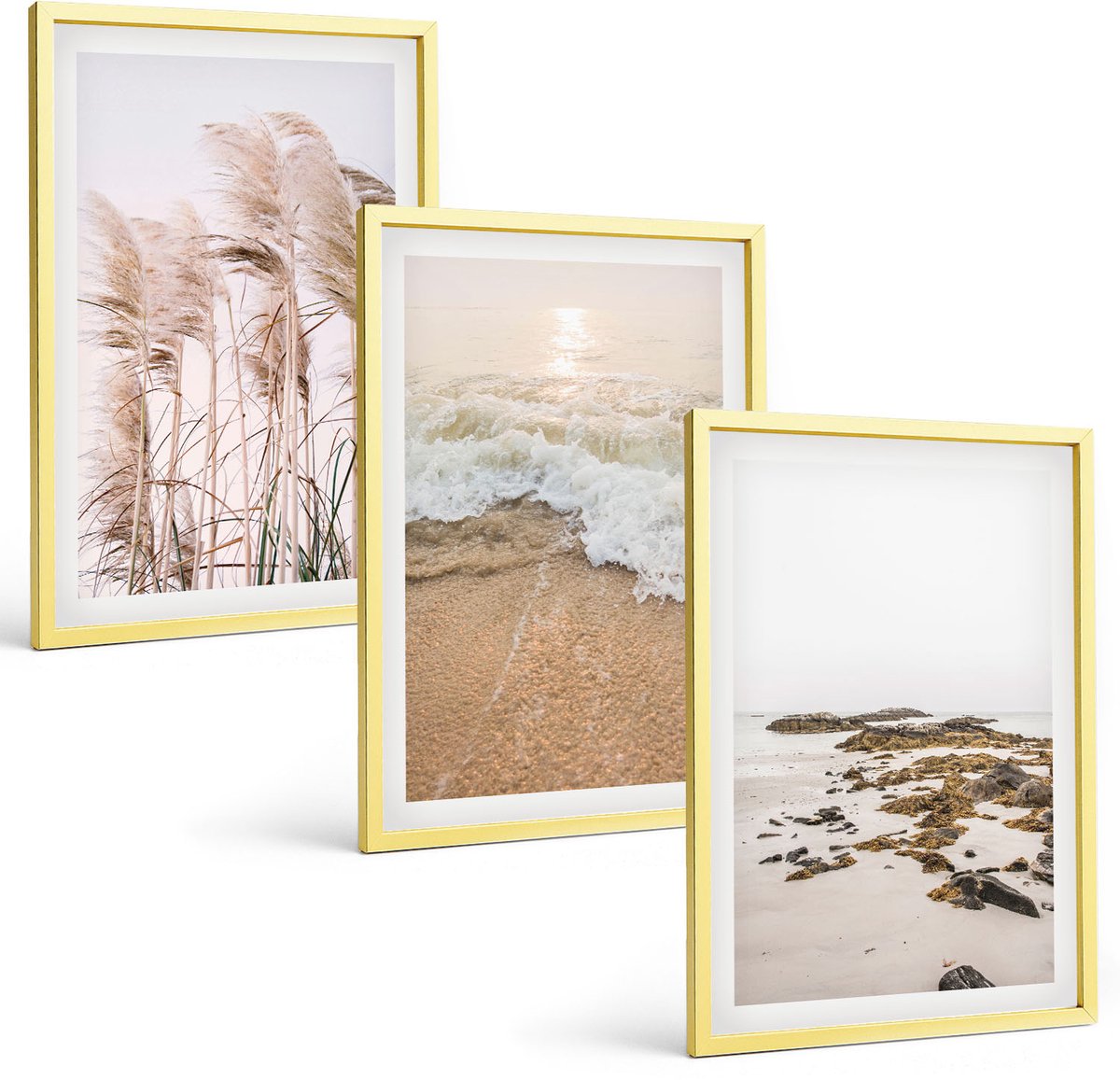 TULUP 4-Delige Schilderij Set - Strandgras, golven en zeestenen, boho - 40 x 60 cm - Muurdecoratie - Interieur Decoratie - Wanddecoratie Gouden lijst