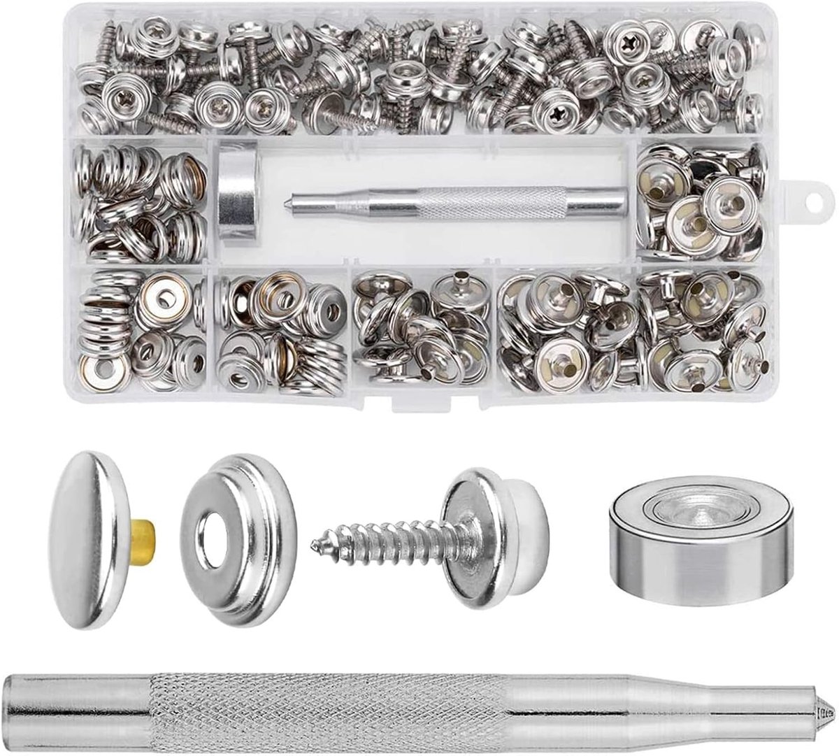 Reparatieset tentdoek - Zilver - Drukknopschroeven van roestvrij staal - Compleet met installatiegereedschap - Voor doe-het-zelf gebruik