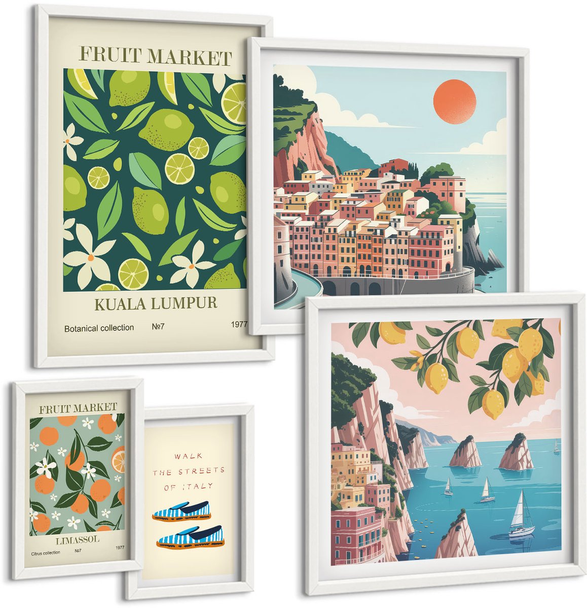 Tulup 4-Delige Schilderij Set - Tropische vruchten en uitzichten vanaf vakantiebestemmingen - 50 x 50 cm, 20 x 30 cm en 40 x 60 cm - Wanddecoratie - Schilderijen Set - Interieur - Moderne Wanddecoratie