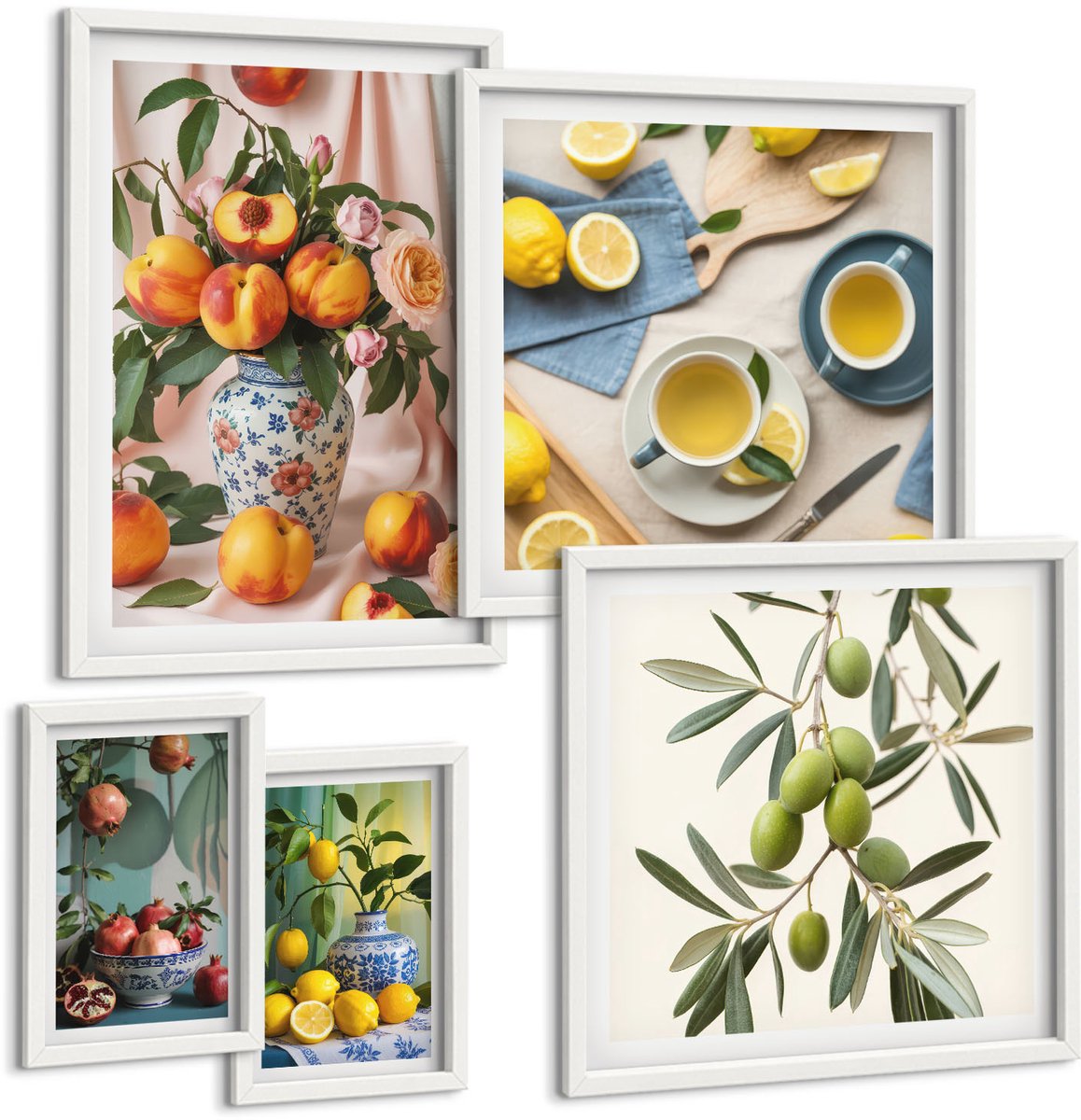Tulup 4-Delige Schilderij Set - Fruit en bloemen in een rustieke stijl voor interieurdecoratie - 50 x 50 cm, 20 x 30 cm en 40 x 60 cm - Muurdecoratie - Wanddecoratie - Hal - Stijlvolle Muurdecoratie