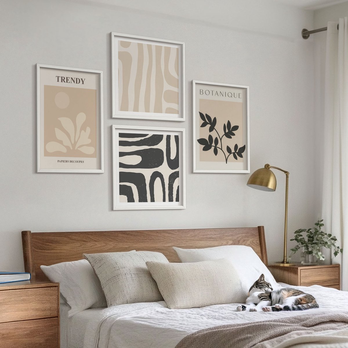Tulup 4-Delige Schilderij Set - Stijlvolle plantenpatronen in beige en zwarte tinten. - 40x40 en 40x60 - Moderne Wanddecoratie - Slaapkamer