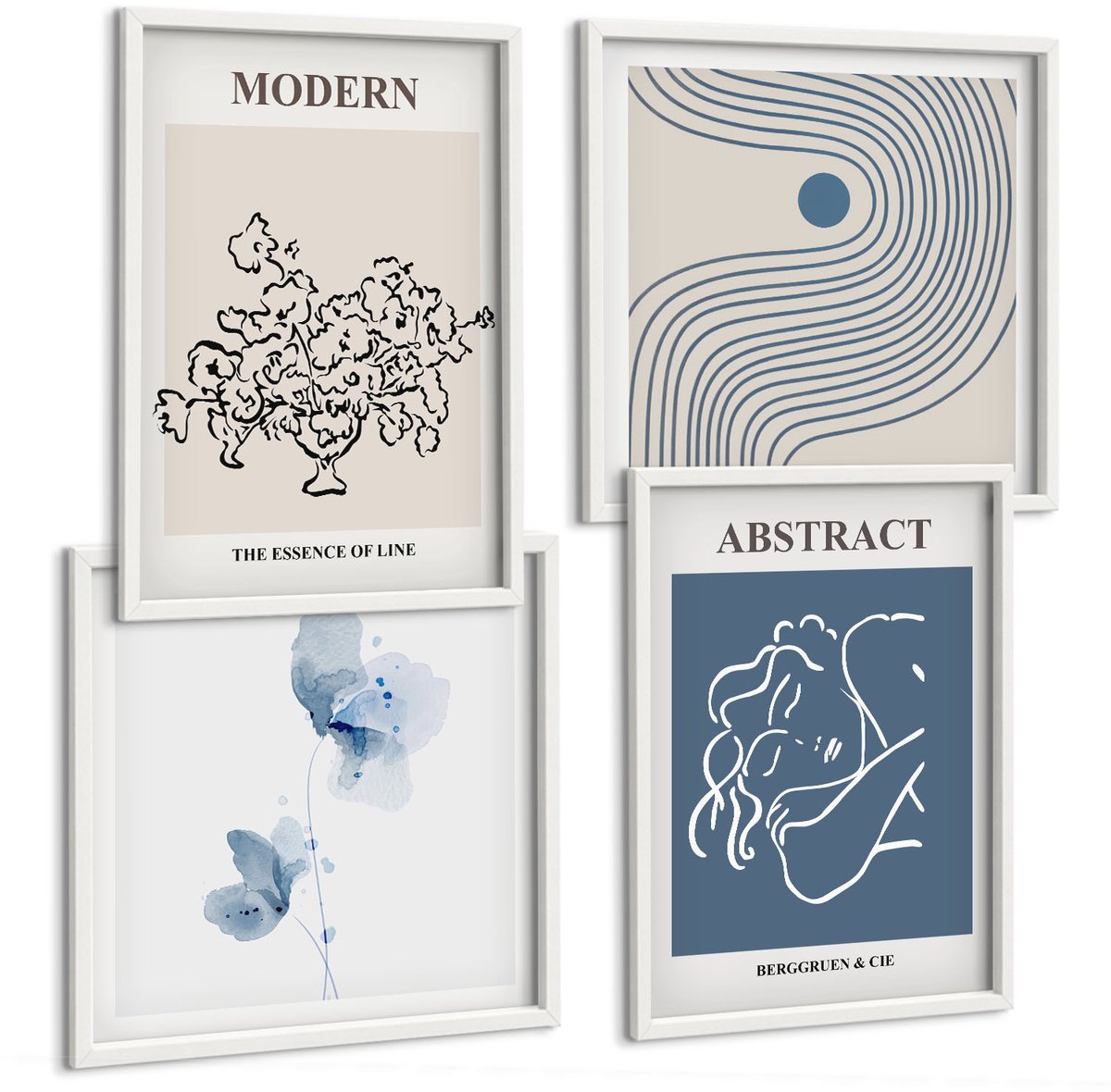 Tulup 4-Delige Schilderij Set - Posters met bloemen, lijnen en abstracte vormen - 40x40 en 40x60 - Moderne Wanddecoratie - Slaapkamer - Woonkamer Decoratie