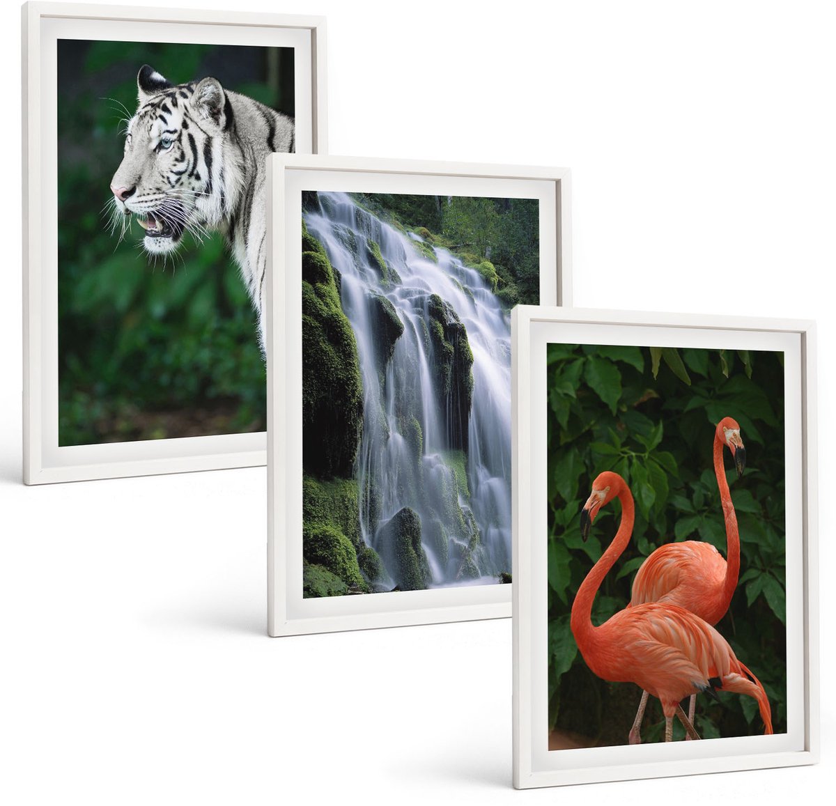 Tulup 3-Delige Schilderij Set - Tijgerwaterval en roze flamingo's in de natuur - 40x60 - Decoratieve Schilderijen - Wanddecoratie - Hal - Muurdecoratie