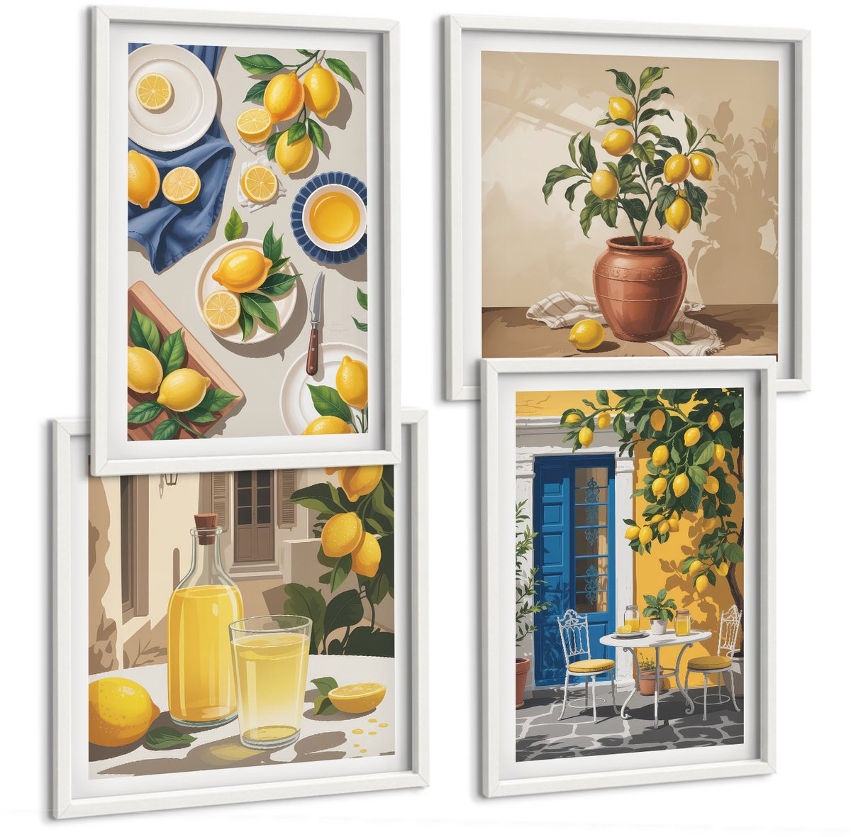 Tulup 4-Delige Schilderij Set - Citroentuin met citroenen en drankjes op tafel. - 40x40 en 40x60 - Muurdecoratie - Decoratieve Schilderijen - Wohnzimmer - Moderne Wanddecoratie