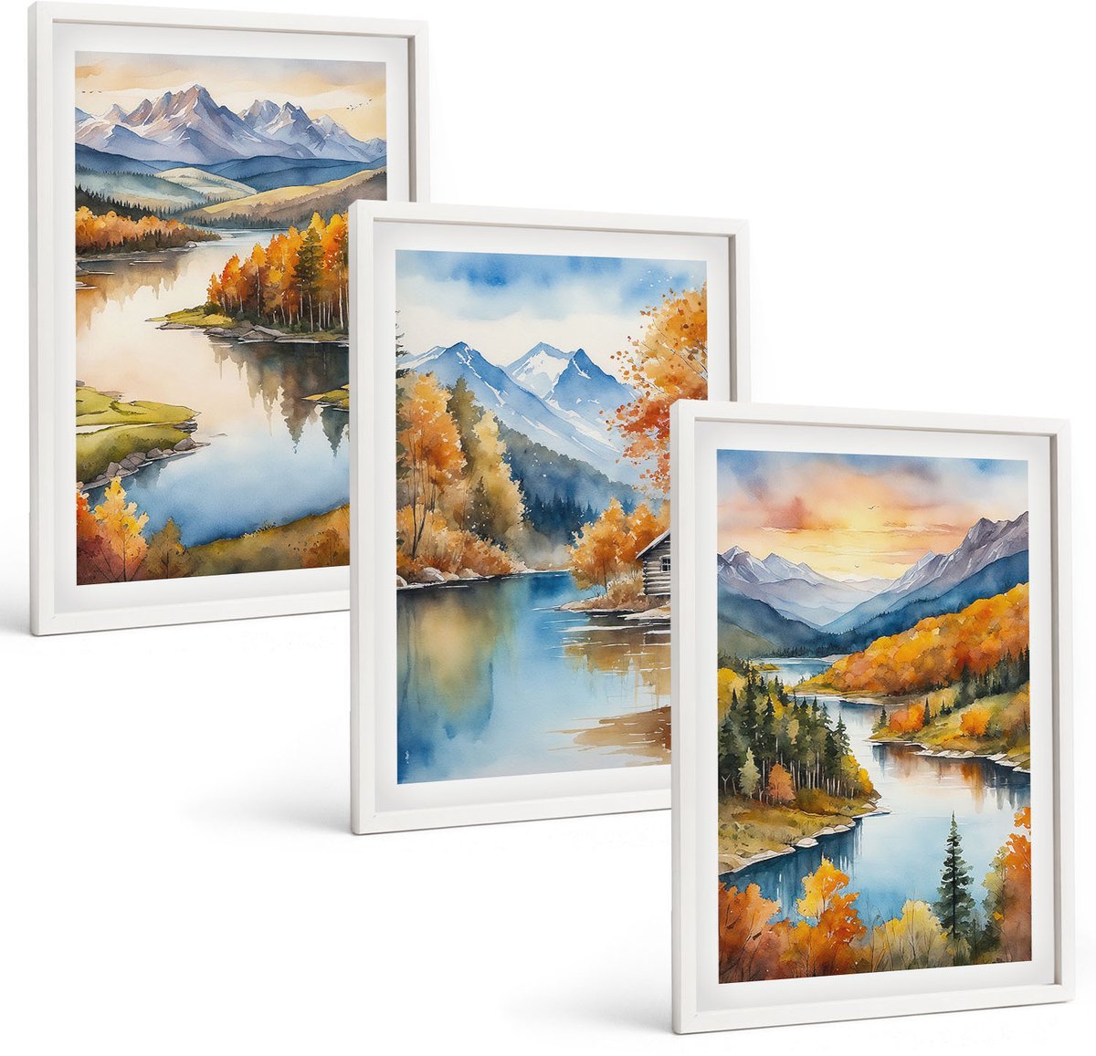 Tulup 3-Delige Schilderij Set - Herfstlandschap in de bergen met een rivier en een huisje aan het water. - 40x60 - Decoratieve Schilderijen - Wanddecoratie - Hal - Interieur Decoratie