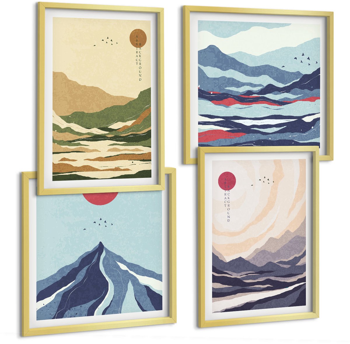 TULUP 4-Delige Schilderij Set - Bergen in pastelkleuren in Japanse stijl - 40 x 40 cm en 40 x 60 cm - Wanddecoratie - Woonkamer Decoratie - Decoratieve Schilderijen Gouden lijst