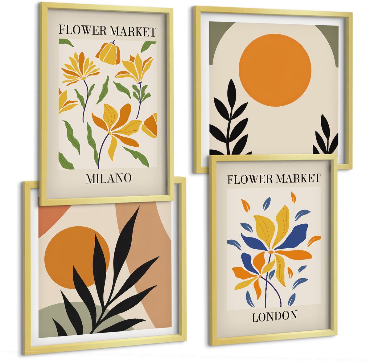 TULUP 4-Delige Schilderij Set - Bloemenposters Parijs Milaan Londen - 40 x 40 cm en 40 x 60 cm - Muurdecoratie - Wanddecoratie - Slaapkamer Gouden lijst