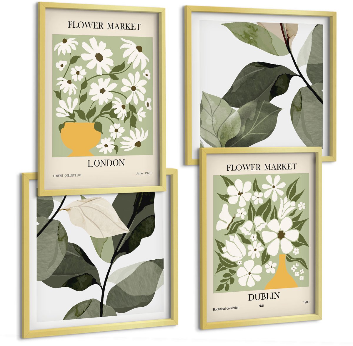 TULUP 4-Delige Schilderij Set - Bloemmotieven Londen en Dublin Delicate bladeren - 40 x 40 cm en 40 x 60 cm - Wanddecoratie - Muurdecoratie - Moderne Interieurdecoratie - Stijlvolle Muurdecoratie Gouden lijst