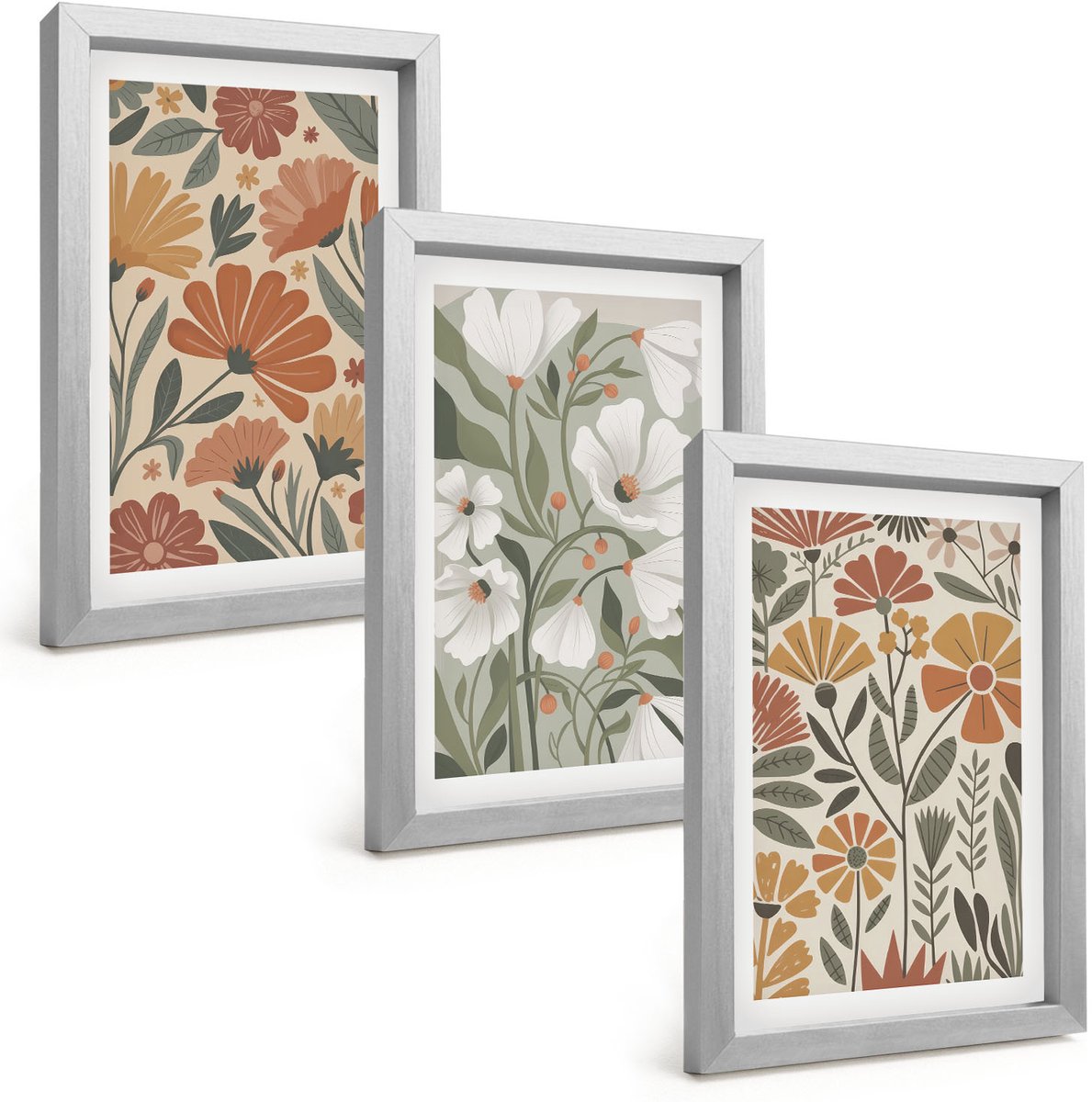 Tulup 4-Delige Schilderij Set - Bloemenpatronen in oranje en groene tinten. - 20 x 30 cm - Wanddecoratie - Woonkamer Decoratie - Decoratieve Schilderijen