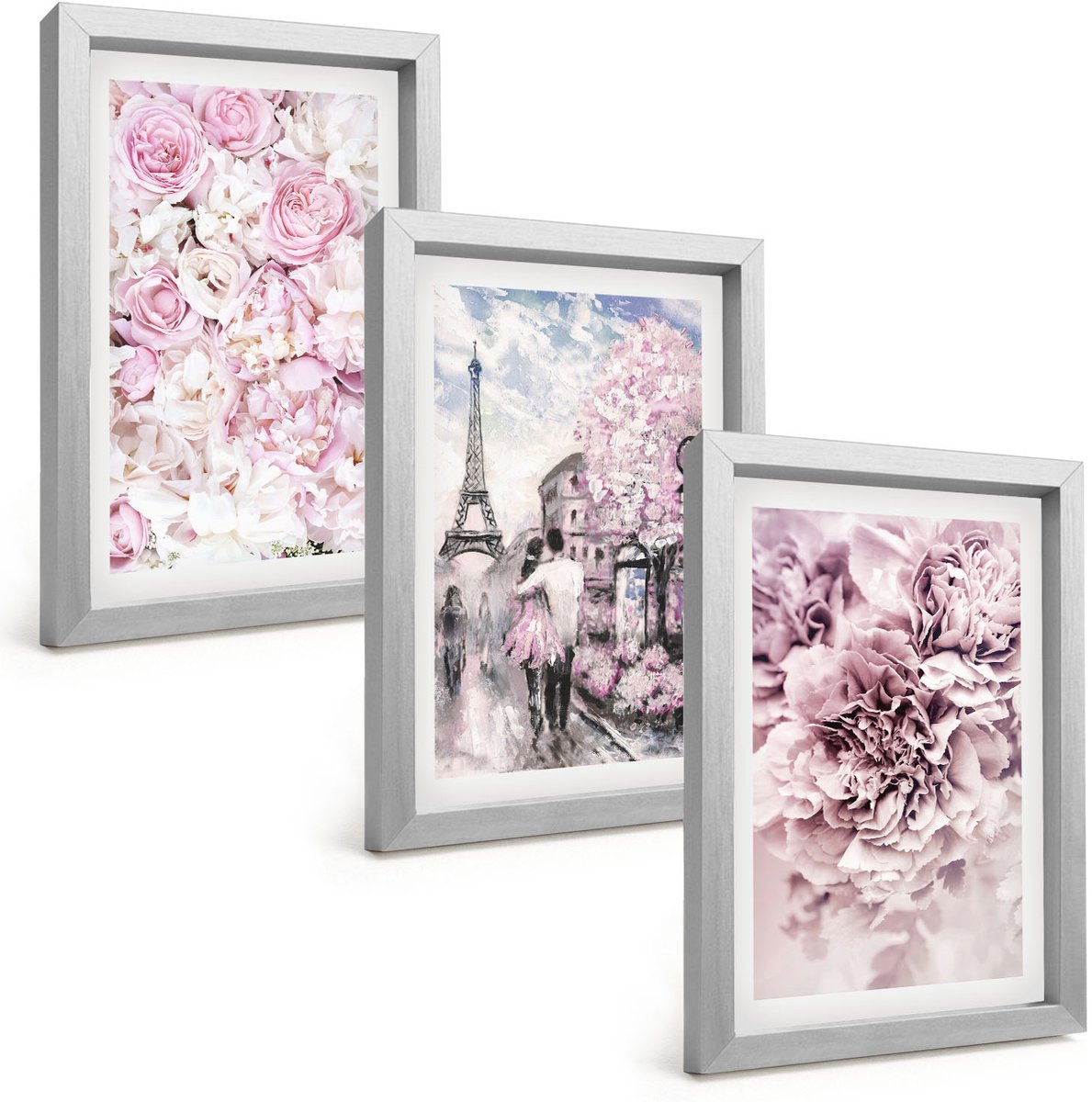 Tulup 4-Delige Schilderij Set - Bloemen in verschillende tinten roze, romantisch landschap - 20 x 30 cm - Muurdecoratie - Wanddecoratie - Slaapkamer - Woonkamer Decoratie