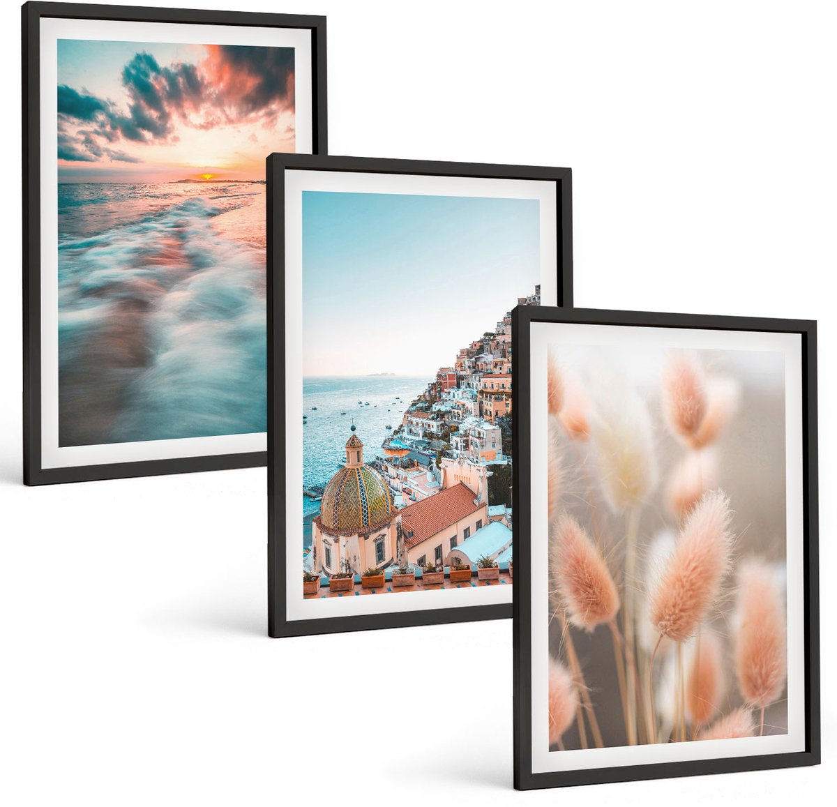 Tulup 4-Delige Schilderij Set - Uitzicht op zee, zonsondergang, kleurrijke huizen, bloemen - 40 x 60 cm - Decoratieve Schilderijen - Wanddecoratie - Hal - Woonkamer Decoratie