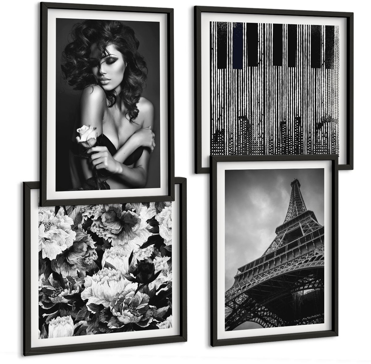 Tulup 4-Delige Schilderij Set - Portret van een vrouw met een roos Eiffeltoren Abstracte werken - 40 x 40 cm en 40 x 60 cm - Wanddecoratie - Schilderijen Set - Kantoor - Woonkamer Decoratie