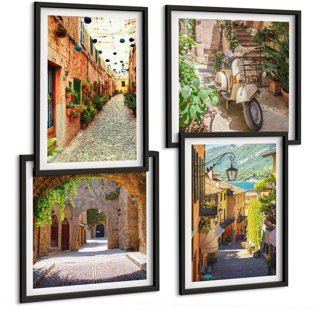 Tulup 4-Delige Schilderij Set - Sfeervolle straatjes met planten en Italiaanse pizza - 40 x 40 cm en 40 x 60 cm - Muurdecoratie - Wanddecoratie - Slaapkamer - Stijlvolle Muurdecoratie