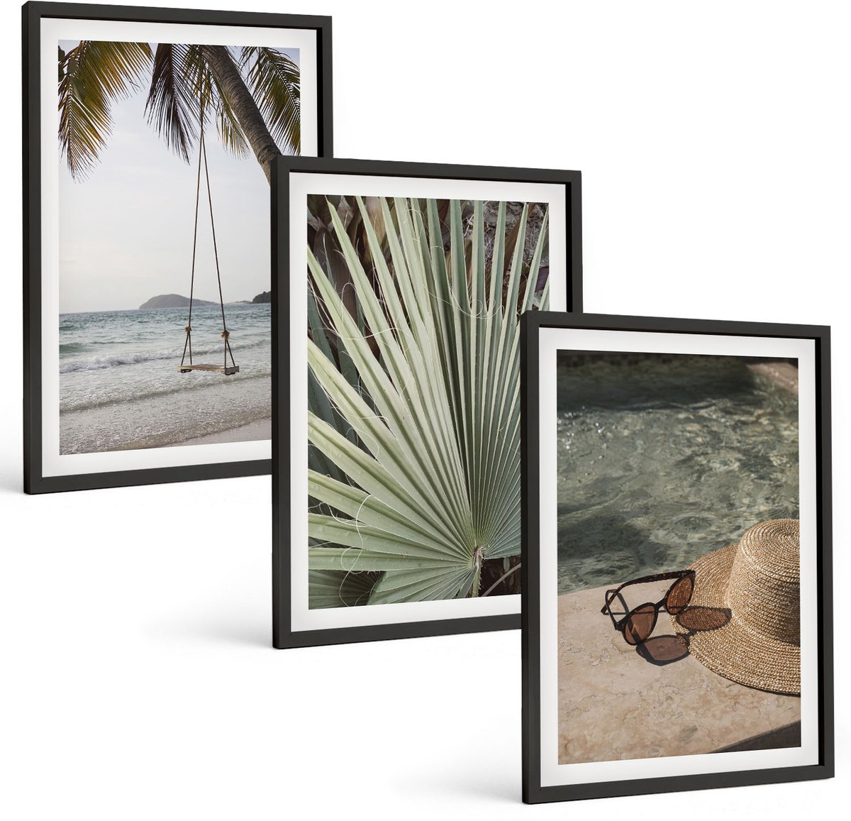 Tulup 4-Delige Schilderij Set - Vakantie aan het strand met palmbladerenschommel - 40 x 60 cm - Wanddecoratie - Muurdecoratie - Woonkamer - Interieur Decoratie