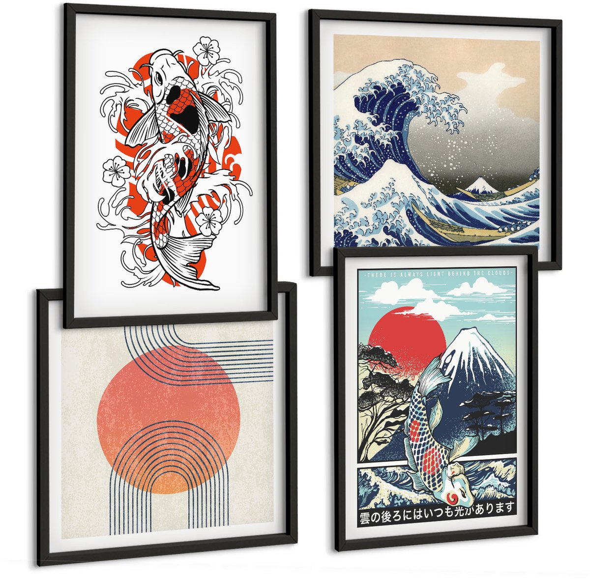 Tulup 4-Delige Schilderij Set - Illustraties van de Visbergen en de Grote Golf voor de kust van Kanagawa in Japanse stijl. - 40 x 40 cm en 40 x 60 cm - Wanddecoratie - Schilderijen Set - Interieur - Interieur Decoratie