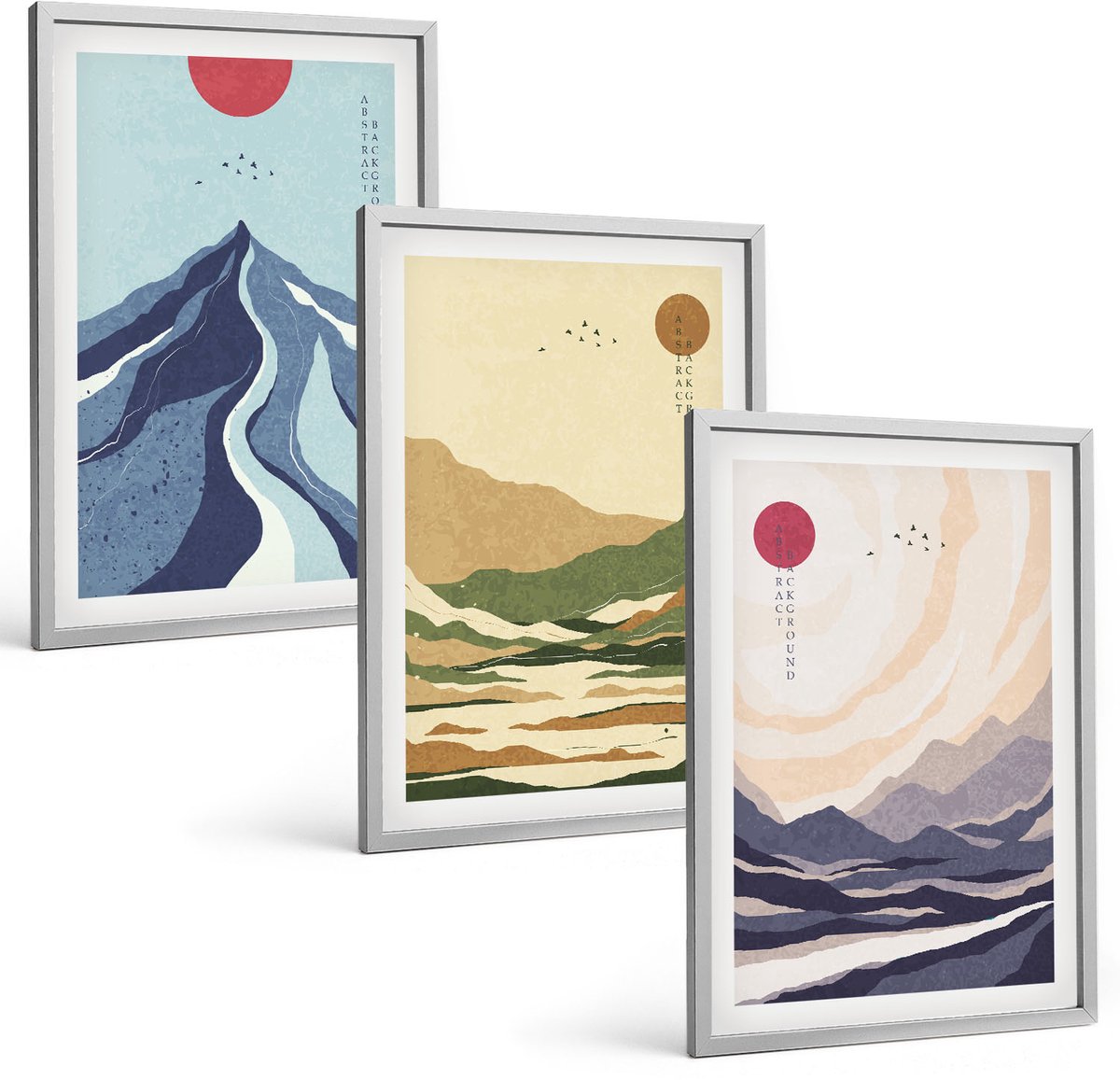 TULUP 4-Delige Schilderij Set - Bergen in pastelkleuren in Japanse stijl - 40 x 60 cm - Wanddecoratie - Schilderijen Set - Interieur Zilveren lijst