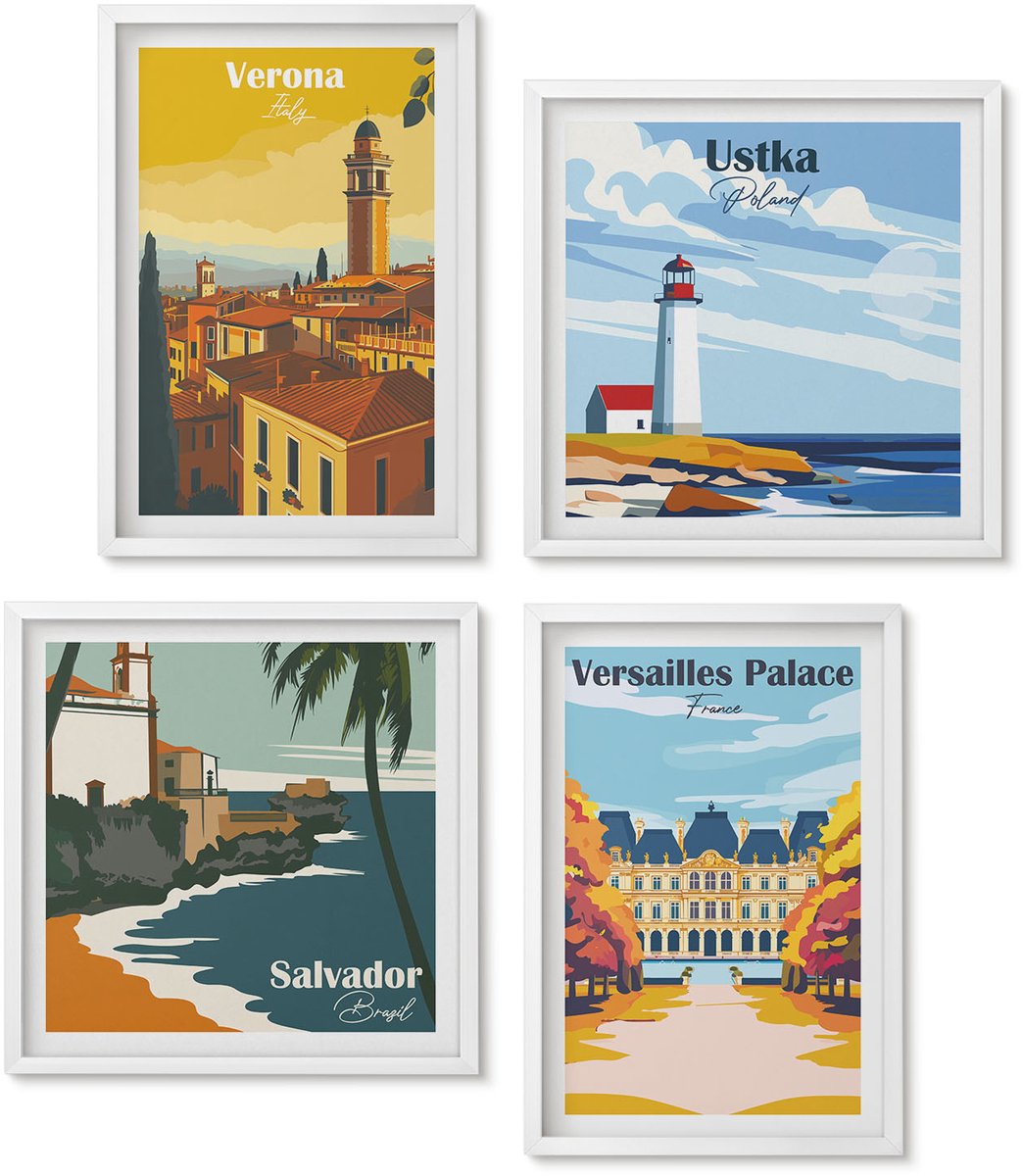 Wallfluent 4-Delige Schilderij Set - Uitzichten Op Beroemde Plekken Aan Zee En In Steden - 40 x 40 En 40 x 60 - Wanddecoratie - Moderne Interieurdecoratie - Decoratieve Schilderijen