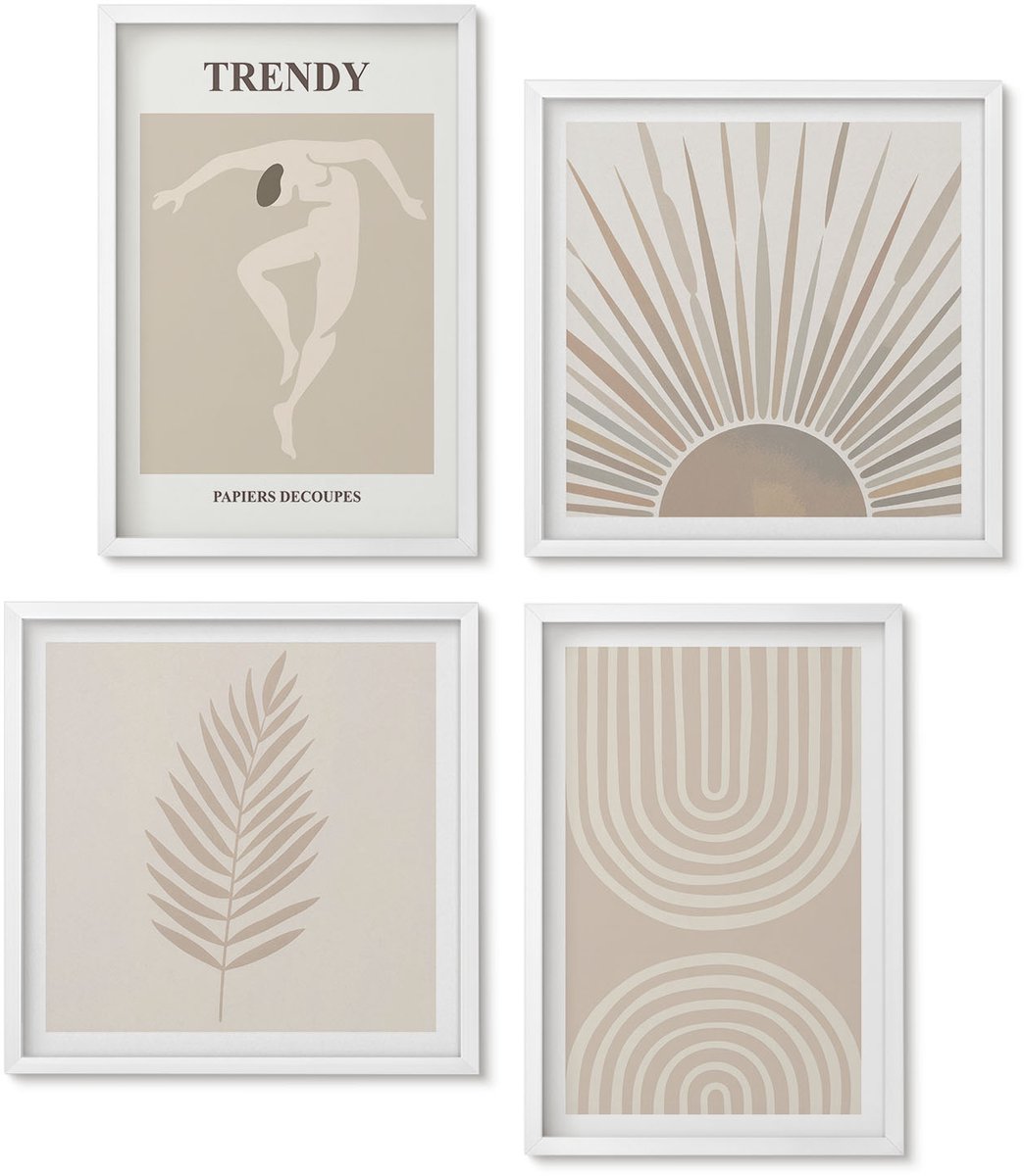 Wallfluent 4-Delige Schilderij Set - Pastelposters, Modieuze Boho-Abstracties - 40 x 40 En 40 x 60 - Muurdecoratie - Schilderijen Set - Woonkamer - Moderne Wanddecoratie