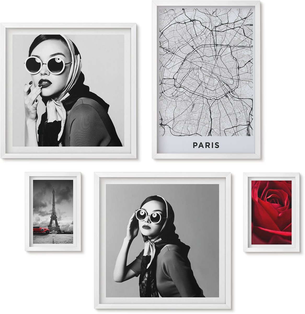 Wallfluent 5-Delige Schilderij Set - Stijlvolle Parijse Accenten Met Mode En Romantiek. - 50 x 50 cm, 20 x 30 cm En 40 x 60 cm - Wanddecoratie - Muurdecoratie - Woonkamer - Woonkamer Decoratie