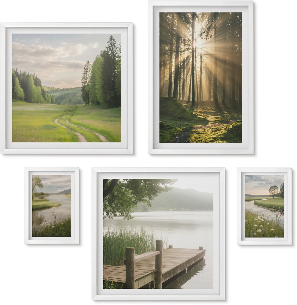 Wallfluent 5-Delige Schilderij Set - Boslandschappen Met Zonnestralen En Kalm Water - 50 x 50 cm, 20 x 30 cm En 40 x 60 cm - Decoratieve Muurdecoratie - Slaapkamer - Stijlvolle Muurdecoratie