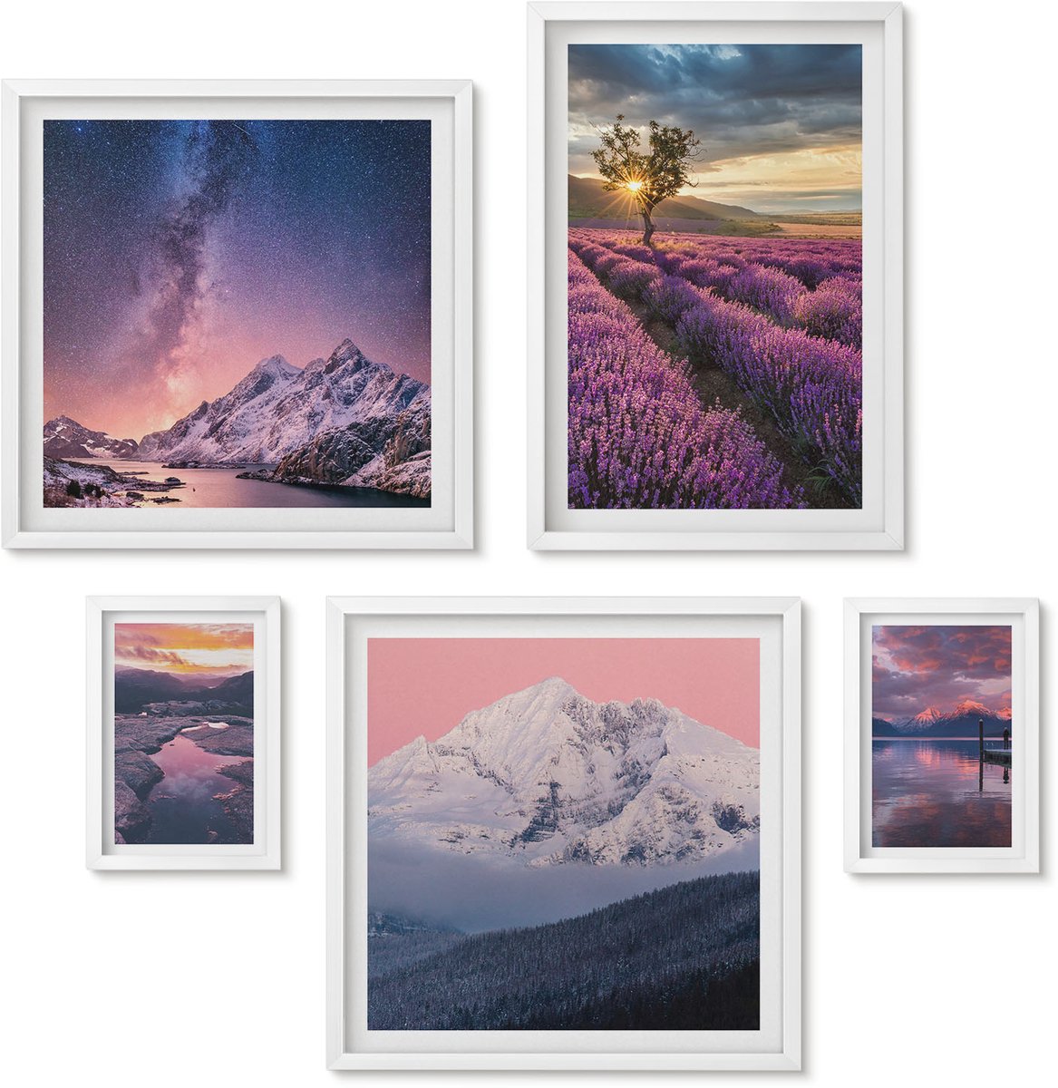 Wallfluent 5-Delige Schilderij Set - Natuurlandschappen Met Lavendelvelden En Bergen - 50 x 50 cm, 20 x 30 cm En 40 x 60 cm - Wanddecoratie - Muurdecoratie - Woonkamer - Moderne Wanddecoratie