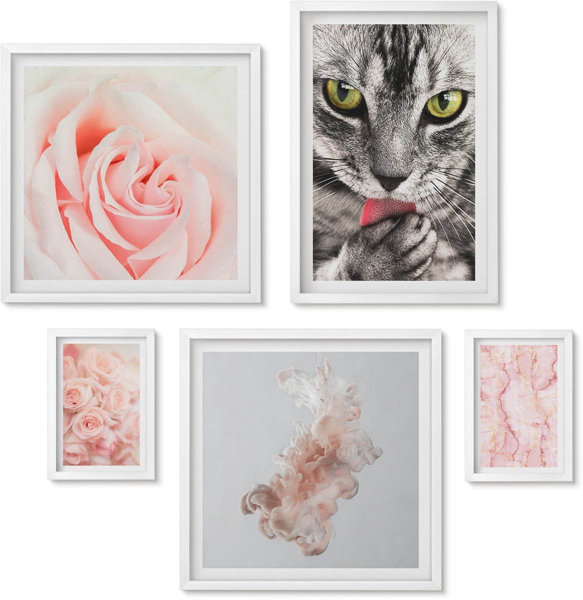 Wallfluent 5-Delige Schilderij Set - Katten En Rozen In Delicate Roze Tinten - 50 x 50 cm, 20 x 30 cm En 40 x 60 cm - Wanddecoratie - Moderne Interieurdecoratie - Decoratieve Schilderijen