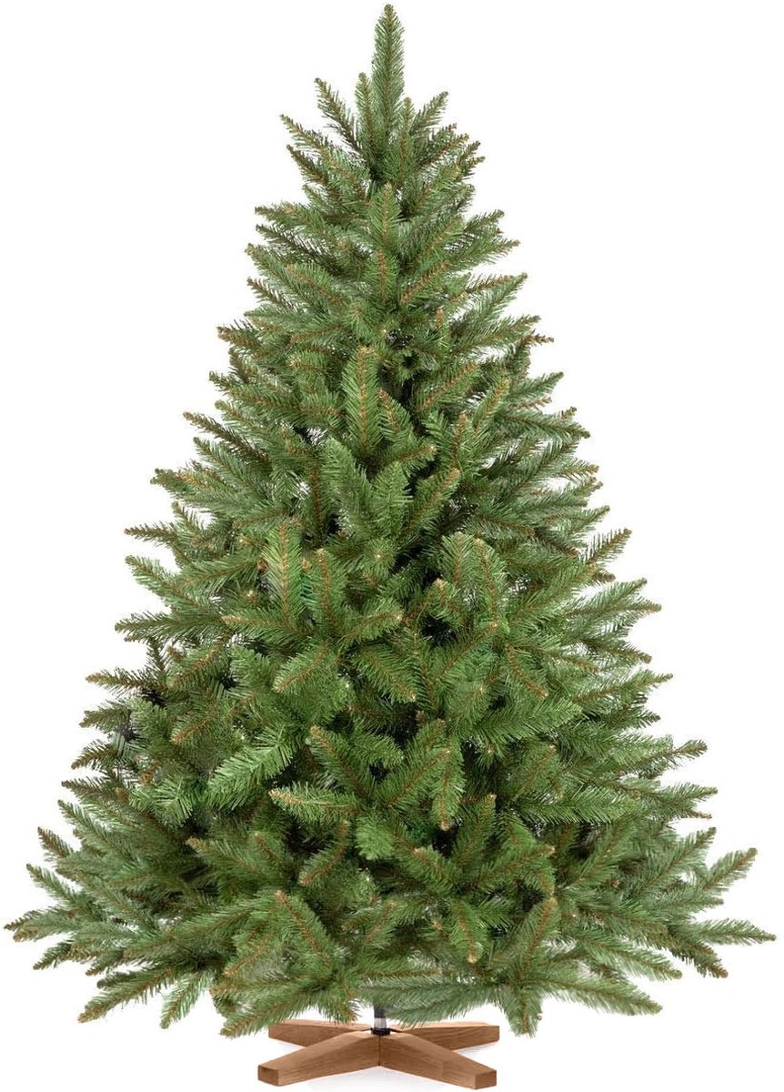 Famanu – Kunstkerstboom van 150 cm, spar, met houten standaard, kunstdennenboom, gemaakt in de EU