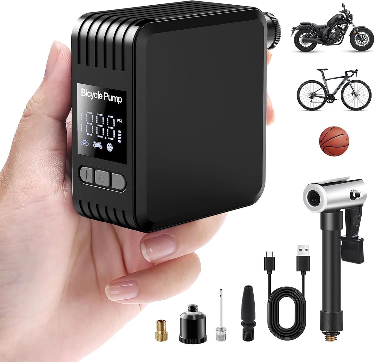 Elektrische Fietspomp - Zwart - Compact - Draadloze Bandenpomp met Digitale Manometer - Voor Fiets, E-bike, Mountainbike