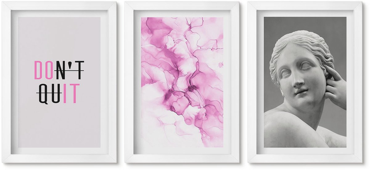 Wallfluent 3-Delige Schilderij Set - Aquarel Abstractie Inspirerende Slogan Oude Beeldhouwkunst - 20 x 30 - Wanddecoratie - Muurdecoratie - Woonkamer - Decoratieve Schilderijen