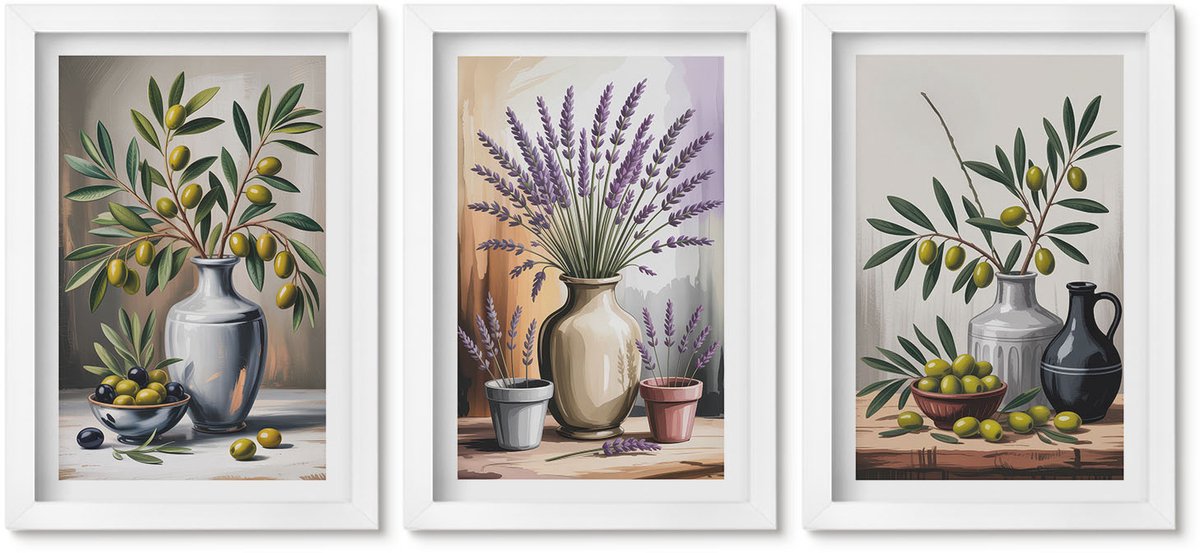 Wallfluent 3-Delige Schilderij Set - Bloemen En Olijven In Vazen ​​Op Een Lichte Achtergrond - 20 x 30 - Muurdecoratie - Decoratieve Schilderijen - Wohnzimmer - Woonkamer Decoratie