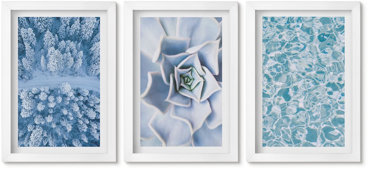 Wallfluent 3-Delige Schilderij Set - Winterbos, Blauwe Bloem, Blauw Wateroppervlak - 20 x 30 - Wanddecoratie - Schilderijen Set - Interieur - Decoratieve Schilderijen