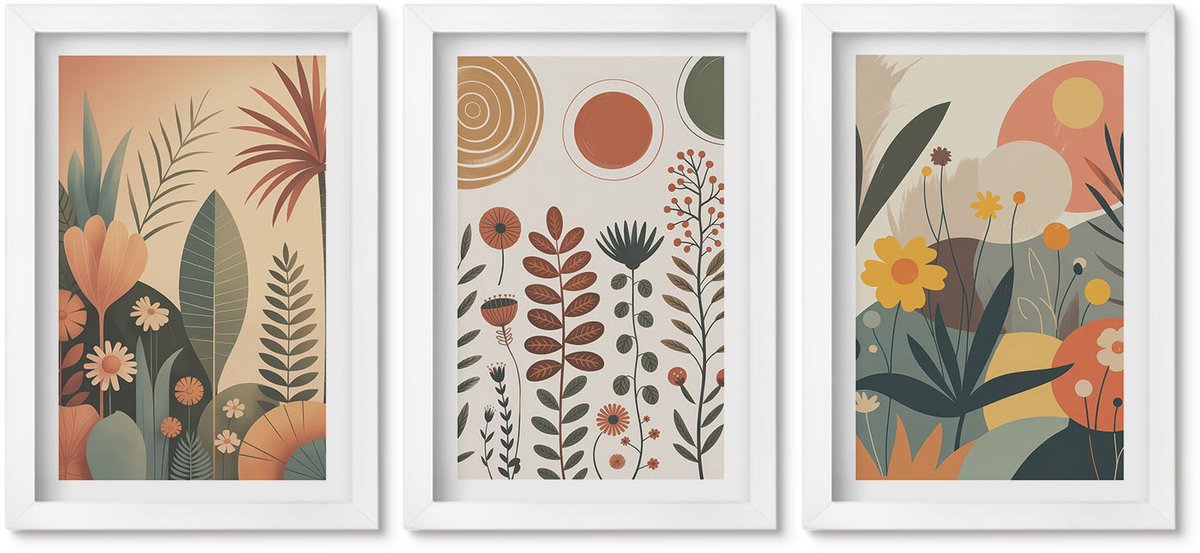 Wallfluent 3-Delige Schilderij Set - Boho-Plantenpatronen In Warme Tinten Met Natuur. - 20 x 30 - Decoratieve Muurdecoratie - Slaapkamer - Woonkamer Decoratie