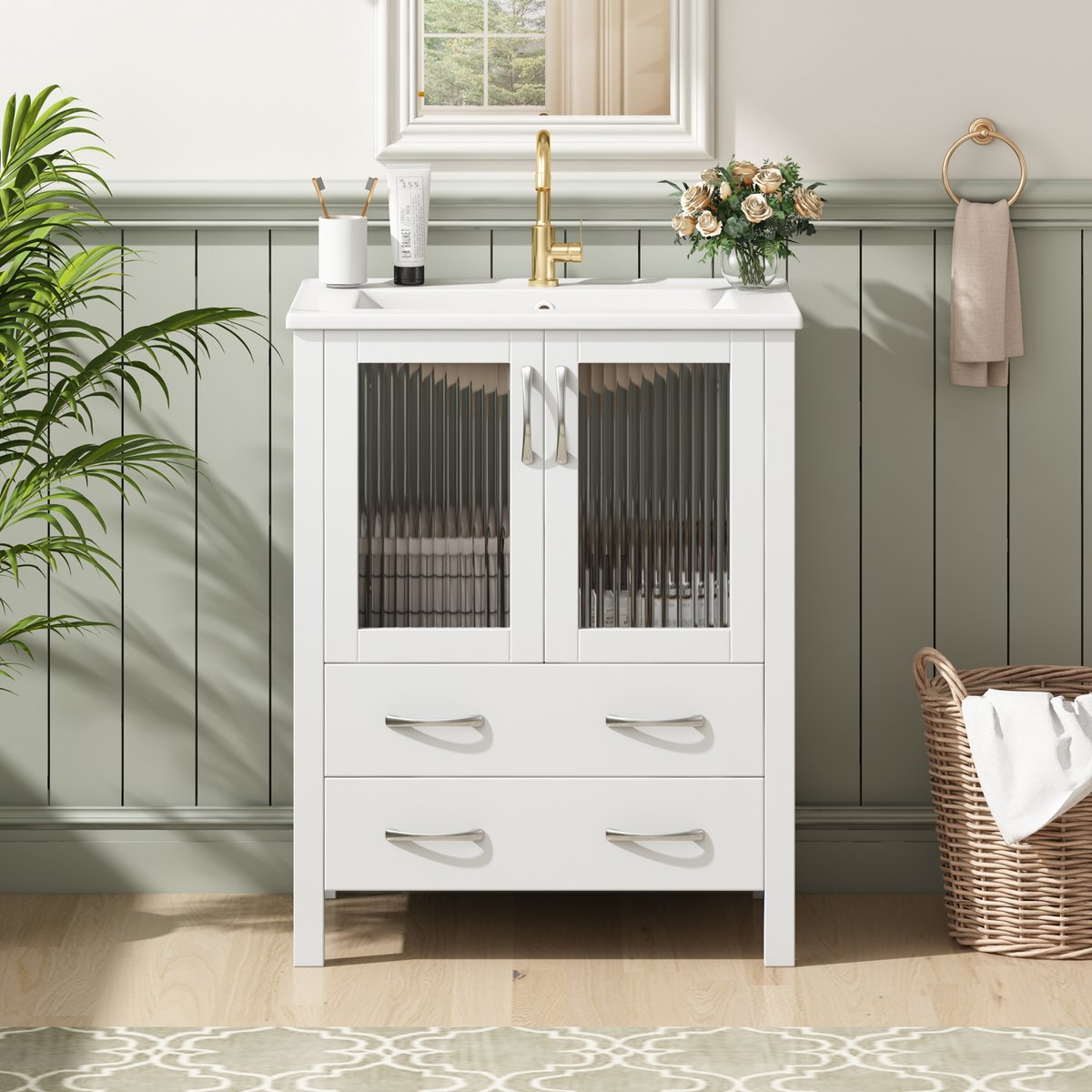 Wastafelmeubel 61 Cm - Hoogglans Wit Met Keramische Wastafel En Riffelglas Deuren - Vrijstaand Badkamermeubel Met 2 Lades - 61x47x86 Cm