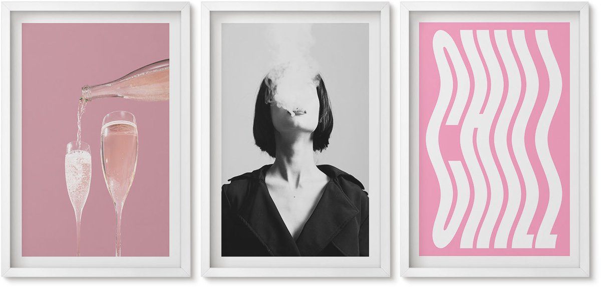 Wallfluent 3-Delige Schilderij Set - Stijlvol Portret Van Een Vrouw, Champagne En Ontspanning. - 40 x 60 - Decoratieve Schilderijen - Woonkamer - Interieur - Muurdecoratie