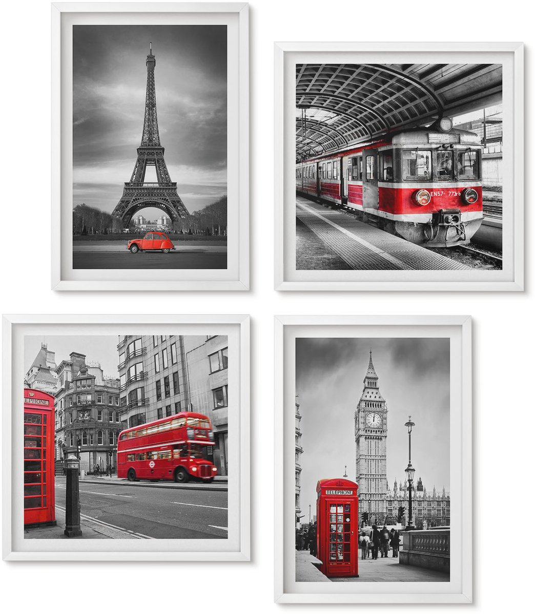 Wallfluent 4-Delige Schilderij Set - Rode Bussen In Het Stedelijk Landschap - 40 x 40 En 40 x 60 - Decoratieve Schilderijen - Wanddecoratie - Hal - Interieur Decoratie