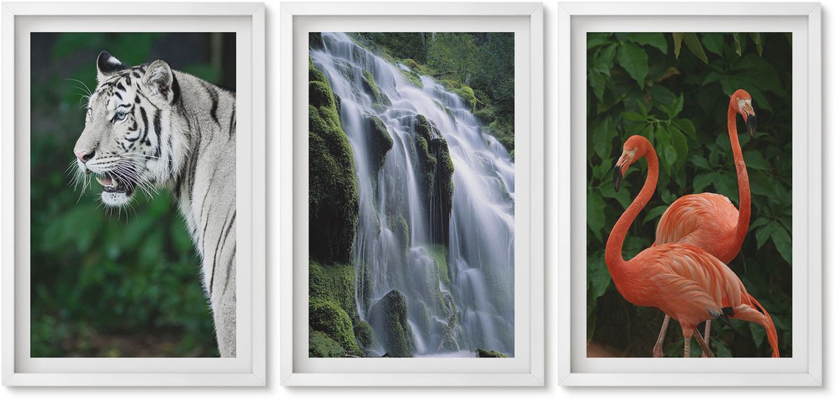 Wallfluent 3-Delige Schilderij Set - Tijgerwaterval En Roze Flamingo'S In De Natuur - 40 x 60 - Decoratieve Schilderijen - Wanddecoratie - Hal - Muurdecoratie