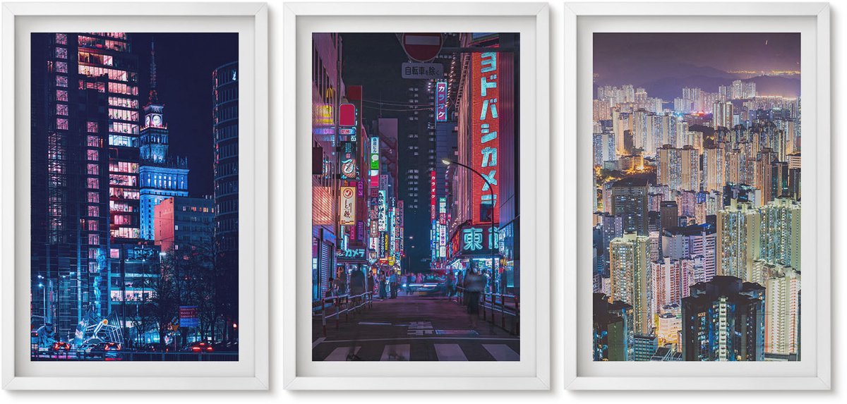 Wallfluent 3-Delige Schilderij Set - Nachtelijke Stadsgezichten Met Neonlichten - 40 x 60 - Wanddecoratie - Muurdecoratie - Woonkamer - Stijlvolle Muurdecoratie