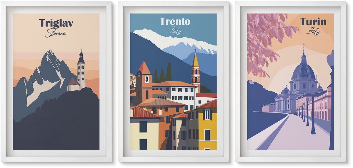 Wallfluent 3-Delige Schilderij Set - Bergen En Architectuur, Retro, Kleurrijke Illustraties - 40 x 60 - Wanddecoratie - Muurdecoratie - Moderne Interieurdecoratie - Decoratieve Schilderijen