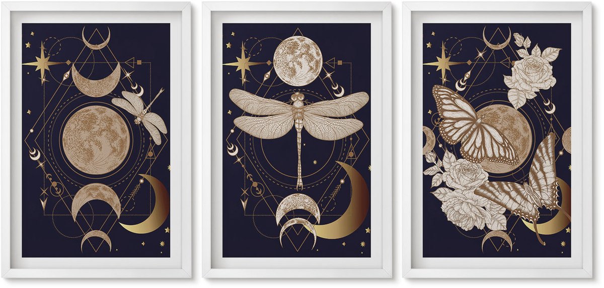 Wallfluent 3-Delige Schilderij Set - Natuurthema'S Met De Maan, De Ruimte En Bloemen. - 40 x 60 - Wanddecoratie - Muurdecoratie - Moderne Interieurdecoratie - Moderne Wanddecoratie