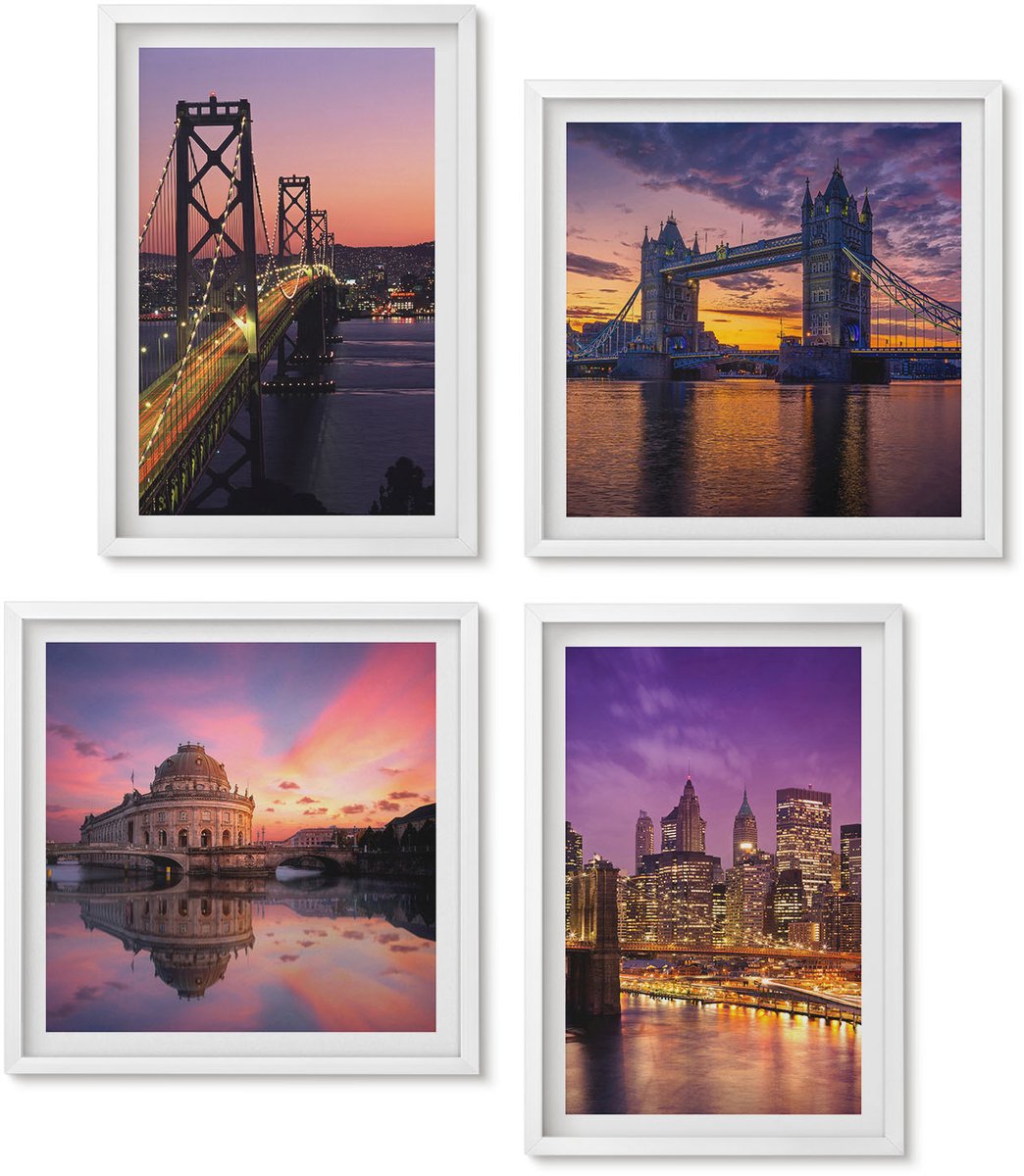 Wallfluent 4-Delige Schilderij Set - Bruggen Bij Zonsondergang En Stedelijke Landschappen - 40 x 40 En 40 x 60 - Muurdecoratie - Wanddecoratie - Slaapkamer - Interieur Decoratie