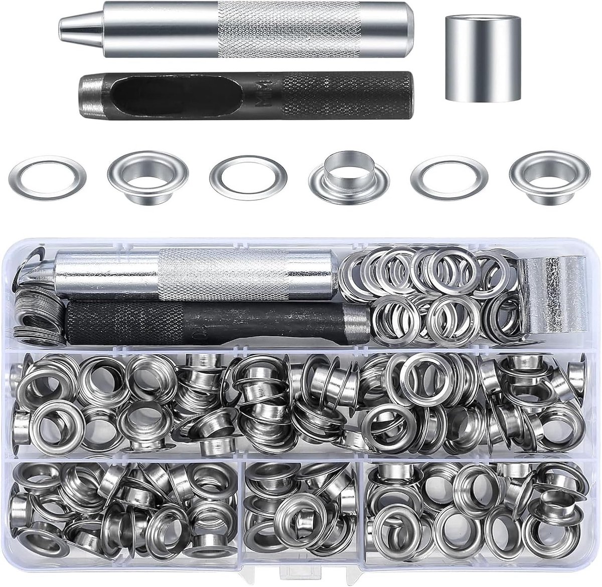 Zeilringen met tang - Metaal - 10 mm - 120-delige set met oogtang en stans - Voor doe-het-zelvers en vakmensen