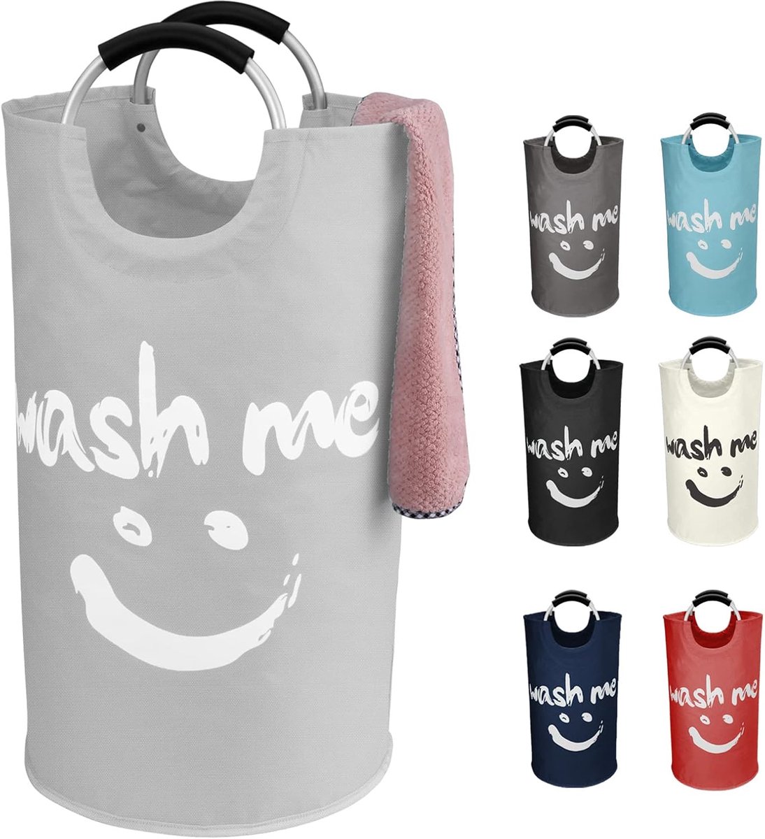 Laundry Basket with Aluminium Handle, Foldable Smiley Laundry Bag, Oxford Fabric Laundry Hamper, Smiley Pattern - ShopVlot