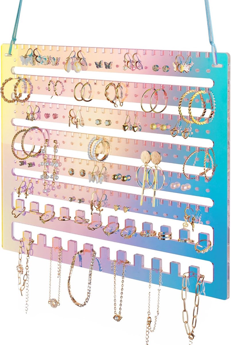 NiHome Iridescent Acrylic Hanging Earring Organizer, Wall Mounted Jewelry Organizer Rack, Wall Earring Holder with 132 - ShopVlot