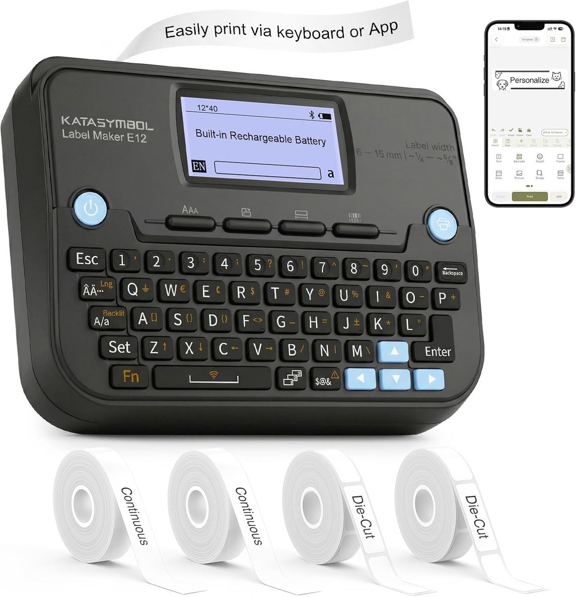SUPVAN E12 labelprinter, QWERTZ-toetsenbord & Bluetooth, 4 rollen, zwart - ShopVlot